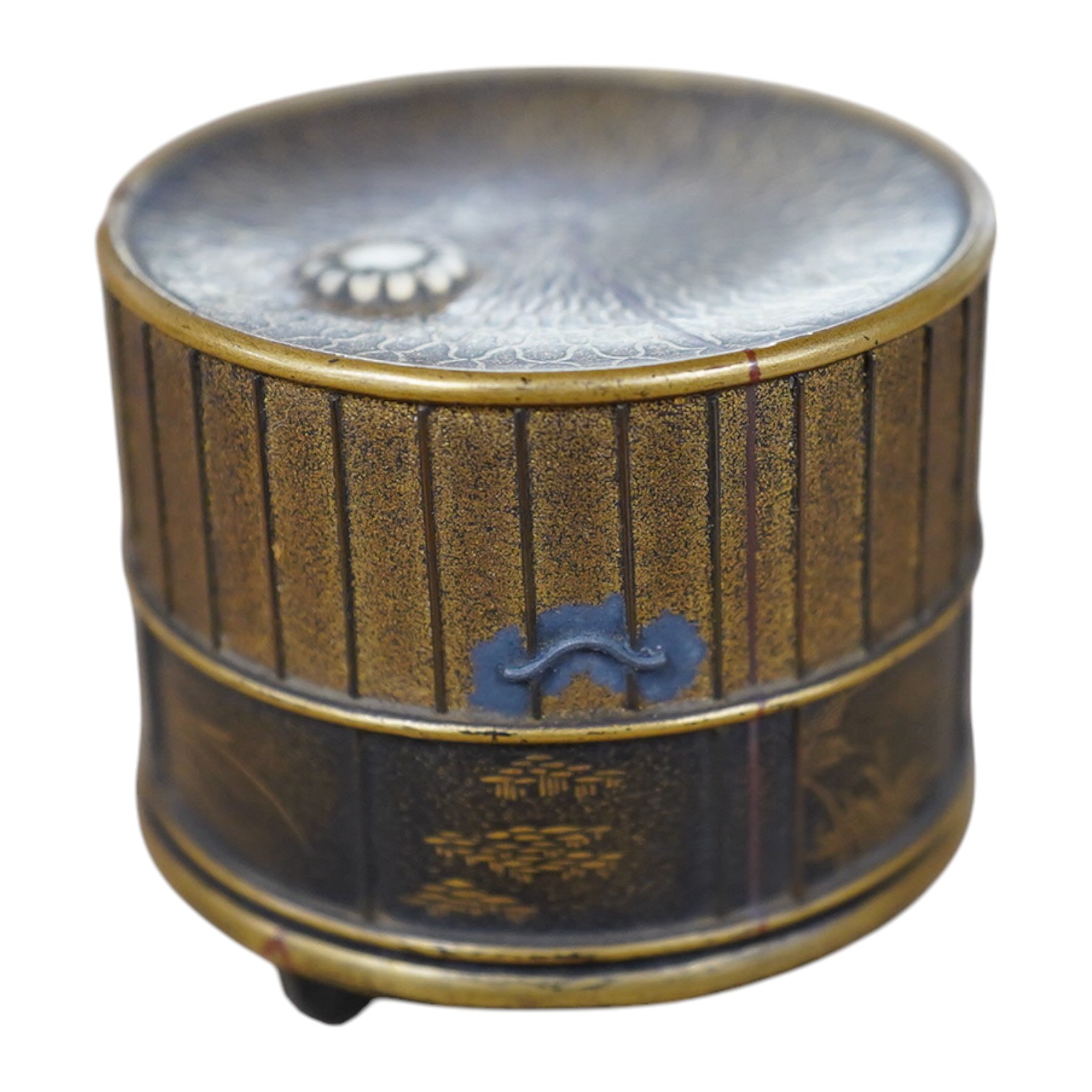 A Japanese miniature cylindrical lacquer box, 19th century, with applied carved ivory flower, 4.5cm in diameter. Condition - one interior section missing CITES Submission reference Z9FUK266